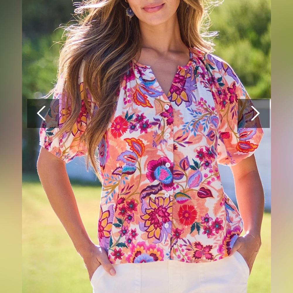 NEW Liverpool Floral Button Front Shirred Top L 3/4 Sleeves Pink Orange Tropical